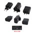 A collection of black power adapters features multiple configurations, including wall chargers and USB options.