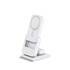 A white 3-in-1 power bank charging station with a stand, featuring a circular charging area and a logo.