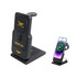 A black 3-in-1 power bank charging station with a wireless charger and a phone stand. Includes a logo.