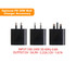 A black wall charger accessory with three different plug types and input/output specifications listed.