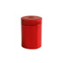 A red metal cylinder tin canister with a rounded lid and a logo on top, measuring 45 x 65mm.