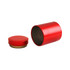 A red metal cylinder tin canister with a matching lid, featuring a smooth finish.