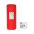A large red metal cylinder tin canister with a decorative label and a logo.