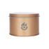 A gold tin can with a transparent window and a logo on the front, featuring a smooth, curved design.