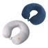 Two U-shaped travel pillows in grey and navy blue, featuring a logo on one of them.