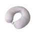 A light grey U-shaped travel pillow with a soft texture and a fastening clip. It has a logo on it.