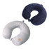 A U-shaped travel pillow in grey and navy blue, featuring a logo on the grey pillow.