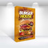 A promotional display featuring a large, colourful hamburger with various toppings, set against a vibrant yellow background.