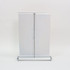 A silver and white A4 countertop pull-up banner with a sleek design, featuring a branding logo.