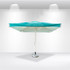 A green and white market umbrella with valances, featuring a central pole and a sturdy base.