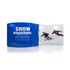 A blue S-shaped tension fabric display wall features skiing imagery, showcasing a ski resort promotion and a logo.