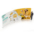 A C-shaped tension fabric display wall featuring vibrant yellow and white graphics, with a logo and imagery related to travel.