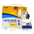 A U-shaped tension fabric display wall in yellow and blue with a logo and a character holding a clipboard.