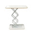 A backlit LED spring-up display in rectangular shape, featuring a white top and a silver scissor mechanism base.