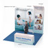 A curved fabric banner stand featuring a blue and light blue design with images of people using a noise cancelling mic.