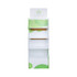 A white cardboard floor display with green accents, featuring four shelves and a header section.