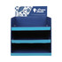 A three-tier counter display featuring a blue design and a decorative top panel with a logo.