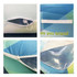 An inflatable one-seat sofa featuring a transparent pocket and a zip closure in shades of blue and green.