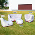 An inflatable one-seat sofa in white with blue and red accents, alongside other matching inflatable furniture.
