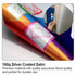 A close-up of 160g silver coated satin fabric with vibrant colours and a person's hand holding it.