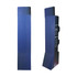 A tall, blue, three-tier cardboard floor display with a sleek design and a branding logo on one side.