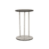 A compact, round table with a black top and silver legs, suitable for exhibitions and events.
