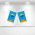 Two blue desk flags on a silver pole, featuring a logo and set against a bright background.