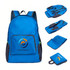 A blue backpack with multiple compartments and a logo, accompanied by a blue pouch and a folded item.