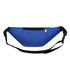 A blue bum bag featuring a zippered pocket and an adjustable strap. It has a logo on the front.