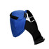 A blue bum bag with a zippered compartment and an adjustable black strap.