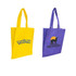 A yellow non-woven long handle bag with a logo and a purple non-woven long handle bag featuring a logo.