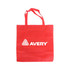 A red non-woven foldable bag with handles and a logo on the front.