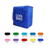 A blue non-woven cooler bag with two handles and a logo, surrounded by small swatches of various colours.