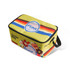 A yellow cooler bag with a zippered top, featuring a colourful retro design and a logo.