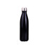 A drink bottle made of stainless steel with a double wall design in black, featuring a silver screw cap and branding.