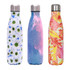 A drink bottle featuring three designs: floral, galaxy, and tropical leaf patterns, with a stainless steel double wall.