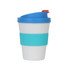 A glossy 250ml coffee cup featuring a white body, turquoise silicone band, and blue lid with an orange clip.