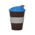 A small glossy coffee cup featuring a blue lid, brown body, and grey band, with a logo visible on the side.