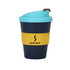 A 250ml small glossy coffee cup with a turquoise lid, navy body, and yellow band. Features a logo.