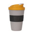 A reusable coffee cup with a glossy grey body, a matte yellow lid, and a black silicone band featuring a logo.