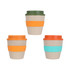 A drink cup set featuring three reusable coffee cups in beige with orange, green, and turquoise silicone bands and lids.