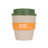 A reusable coffee cup featuring a natural rice husk fibre design with a green lid and orange sleeve.