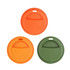 A set of three reusable coffee cup lids in orange and green, featuring varying designs and a simple logo.