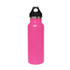 A drink bottle featuring a bright pink exterior and a black lid, designed with double wall vacuum insulation.