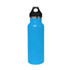 A drink bottle in bright blue with a double wall vacuum design and a black PP lid, featuring a logo.