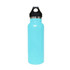 A drink bottle in a vibrant turquoise colour with a black lid and stainless steel accents.