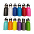 A drink bottle collection featuring various colours including black, white, blue, red, pink, green, and purple, with a metal lid and handle.