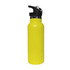 A drink bottle in bright yellow with a black flip valve lid and a logo on the body.