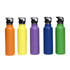 A drink bottle collection featuring orange, yellow, purple, blue, and green bottles with flip valve lids. Each has a logo.
