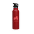 A drink bottle in red with a black flip valve lid and a logo printed on the side.